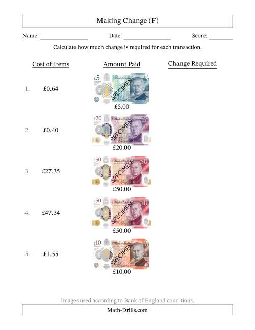 The Making Change from Bank of England Banknotes up to Fifty Pounds (F) Math Worksheet