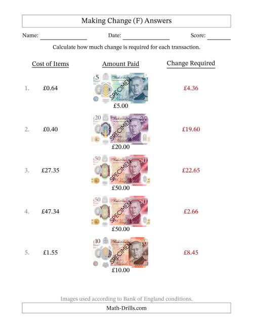 The Making Change from Bank of England Banknotes up to Fifty Pounds (F) Math Worksheet Page 2