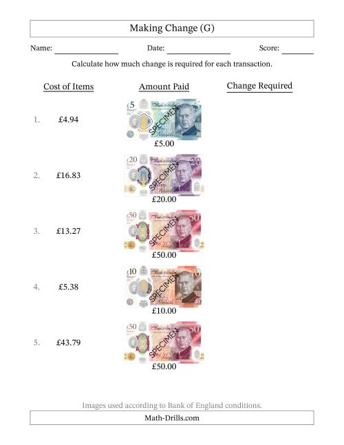 The Making Change from Bank of England Banknotes up to Fifty Pounds (G) Math Worksheet