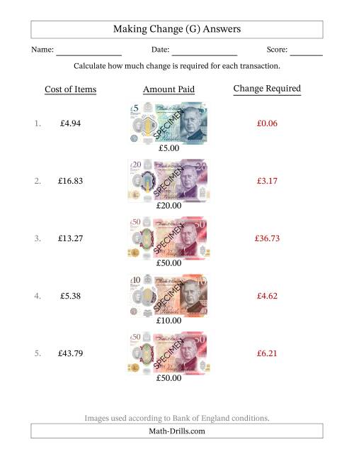 The Making Change from Bank of England Banknotes up to Fifty Pounds (G) Math Worksheet Page 2