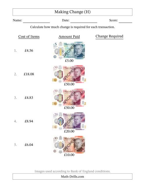 The Making Change from Bank of England Banknotes up to Fifty Pounds (H) Math Worksheet