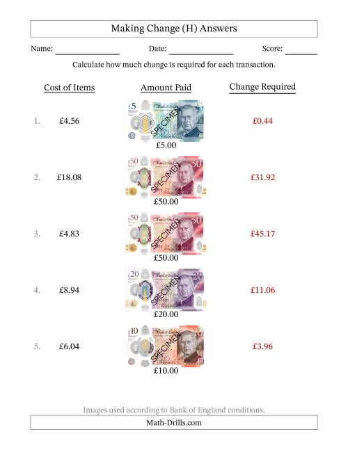 The Making Change from Bank of England Banknotes up to Fifty Pounds (H) Math Worksheet Page 2