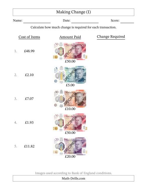 The Making Change from Bank of England Banknotes up to Fifty Pounds (I) Math Worksheet