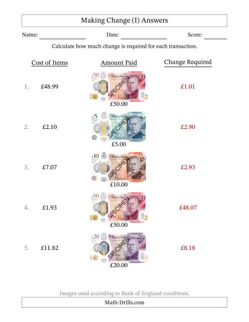 The Making Change from Bank of England Banknotes up to Fifty Pounds (I) Math Worksheet Page 2