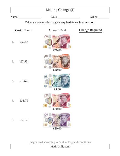 The Making Change from Bank of England Banknotes up to Fifty Pounds (J) Math Worksheet