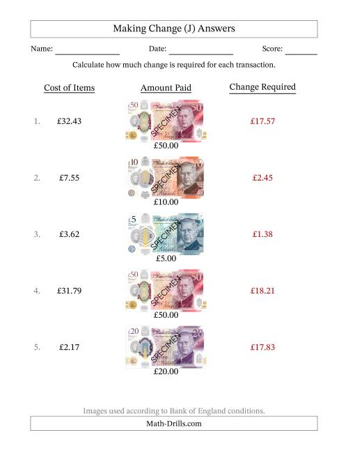 The Making Change from Bank of England Banknotes up to Fifty Pounds (J) Math Worksheet Page 2