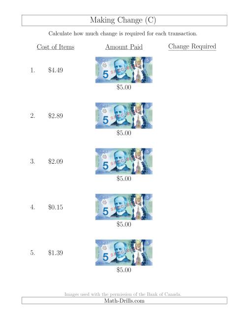 The Making Change from Canadian $5 Bills (C) Math Worksheet