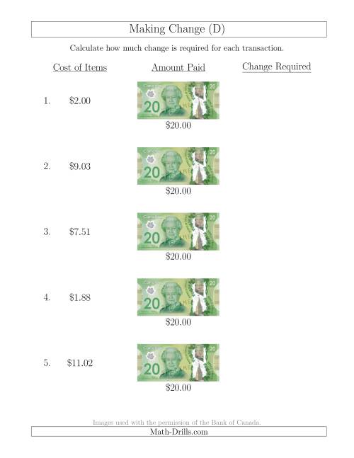 The Making Change from Canadian $20 Bills (D) Math Worksheet