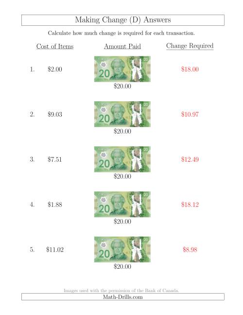 The Making Change from Canadian $20 Bills (D) Math Worksheet Page 2