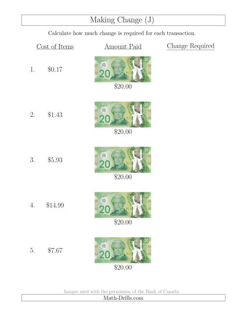 The Making Change from Canadian $20 Bills (J) Math Worksheet