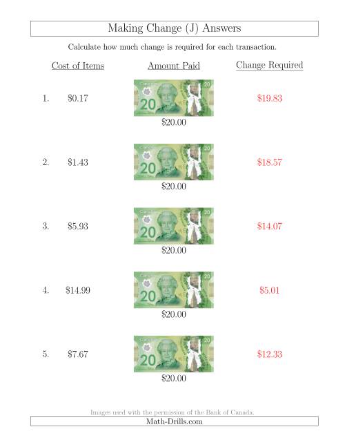 The Making Change from Canadian $20 Bills (J) Math Worksheet Page 2