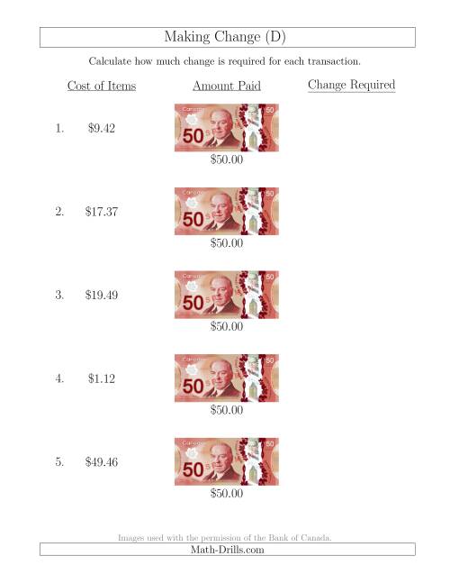 The Making Change from Canadian $50 Bills (D) Math Worksheet