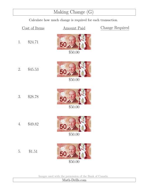 The Making Change from Canadian $50 Bills (G) Math Worksheet