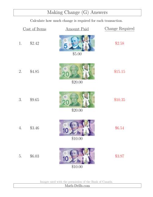 The Making Change from Canadian Bills up to $20 (G) Math Worksheet Page 2