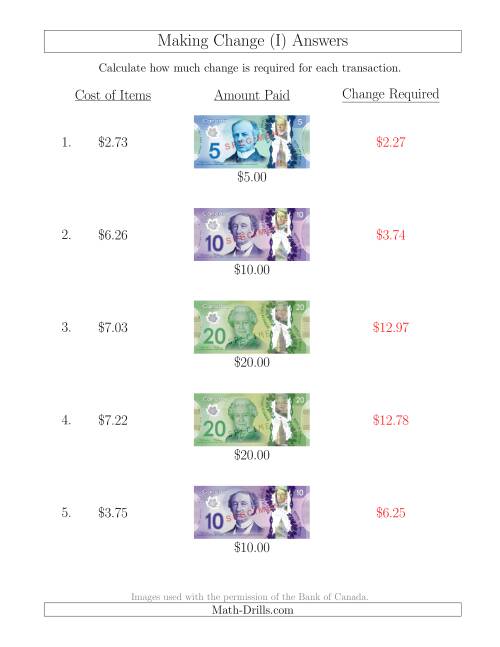 The Making Change from Canadian Bills up to $20 (I) Math Worksheet Page 2