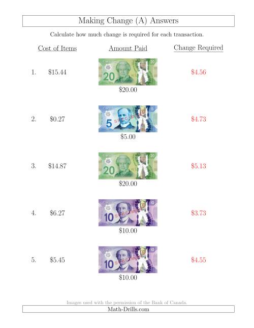 The Making Change from Canadian Bills up to $20 (All) Math Worksheet Page 2
