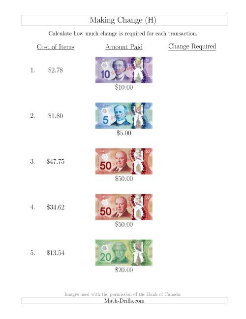 The Making Change from Canadian Bills up to $50 (H) Math Worksheet