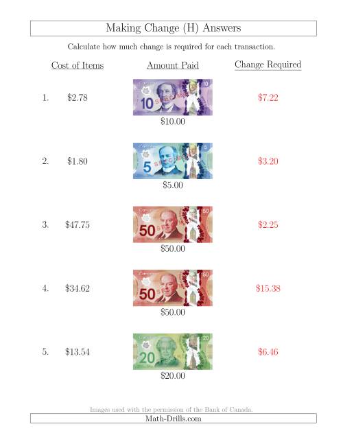 The Making Change from Canadian Bills up to $50 (H) Math Worksheet Page 2