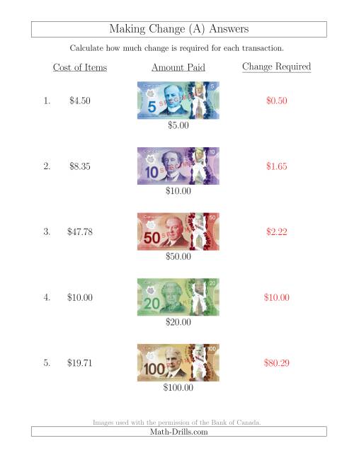 making change from canadian bills up to 100 a