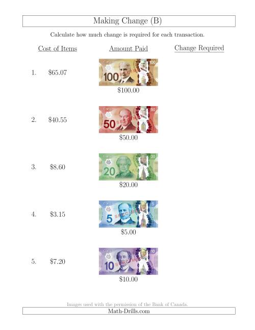 The Making Change from Canadian Bills up to $100 (B) Math Worksheet