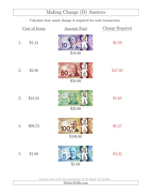 making change from canadian bills up to 100 d