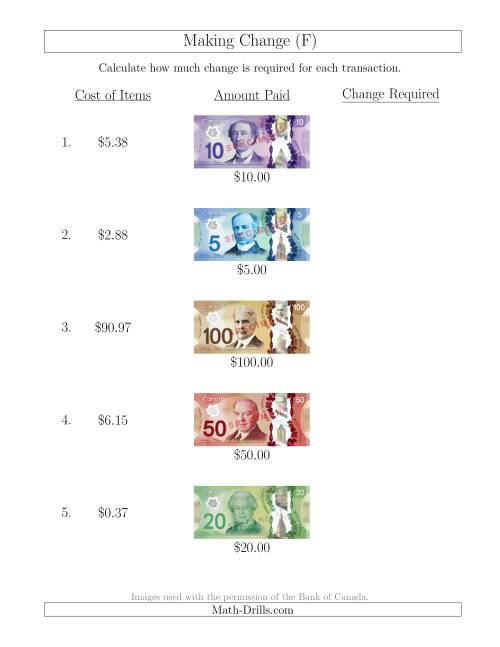 The Making Change from Canadian Bills up to $100 (F) Math Worksheet