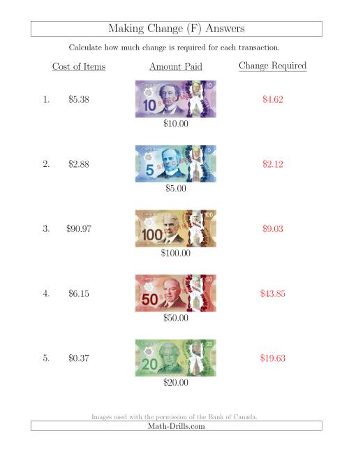 The Making Change from Canadian Bills up to $100 (F) Math Worksheet Page 2