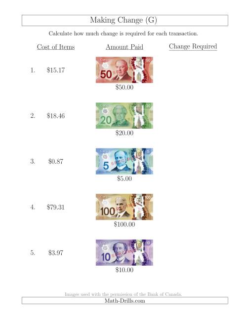 The Making Change from Canadian Bills up to $100 (G) Math Worksheet