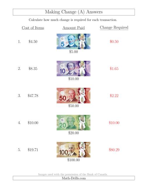 The Making Change from Canadian Bills up to $100 (All) Math Worksheet Page 2
