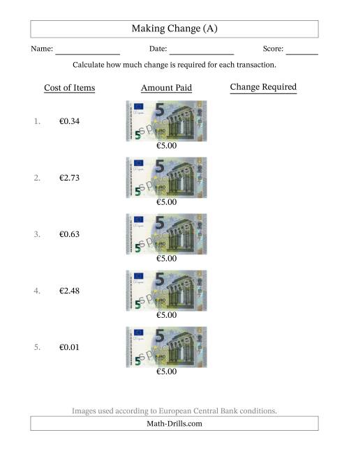 The Making Change from Five Euro Banknotes (A) Math Worksheet