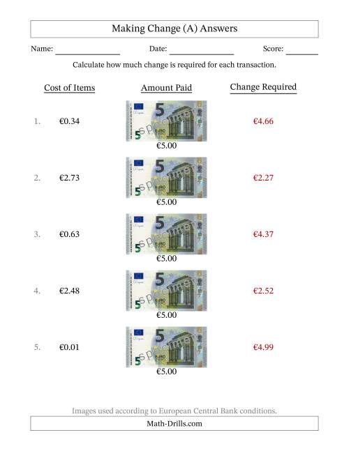 The Making Change from Five Euro Banknotes (A) Math Worksheet Page 2