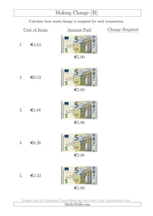 The Making Change from 5 Euro Notes (B) Math Worksheet