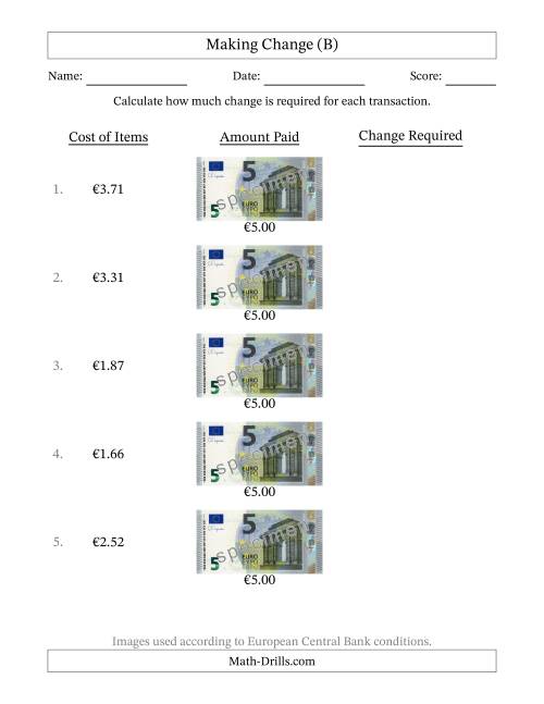 The Making Change from Five Euro Banknotes (B) Math Worksheet