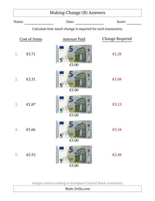 The Making Change from Five Euro Banknotes (B) Math Worksheet Page 2