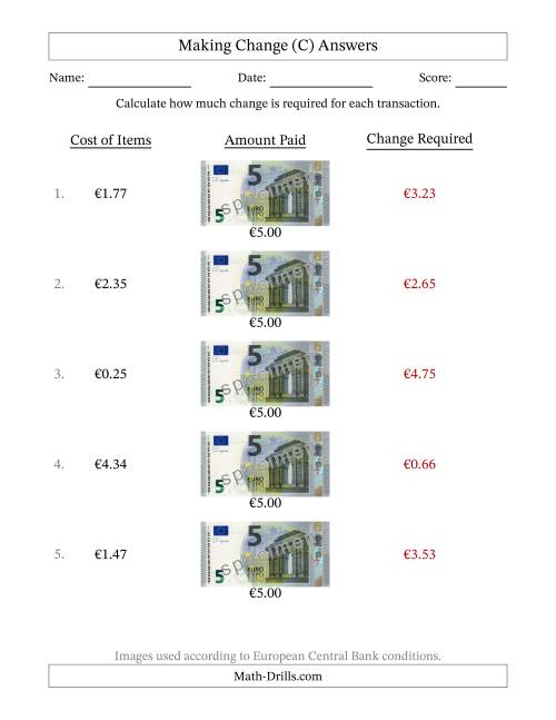 The Making Change from Five Euro Banknotes (C) Math Worksheet Page 2