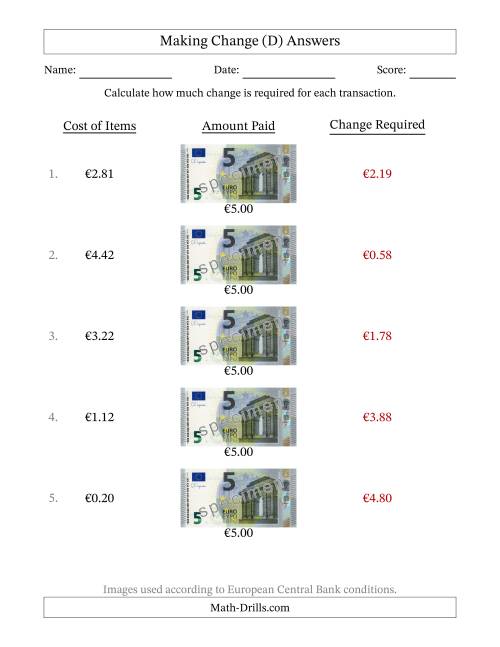 The Making Change from Five Euro Banknotes (D) Math Worksheet Page 2