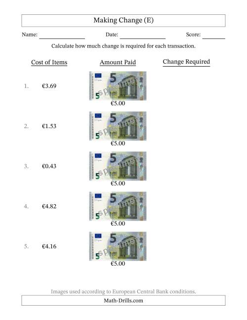 The Making Change from Five Euro Banknotes (E) Math Worksheet