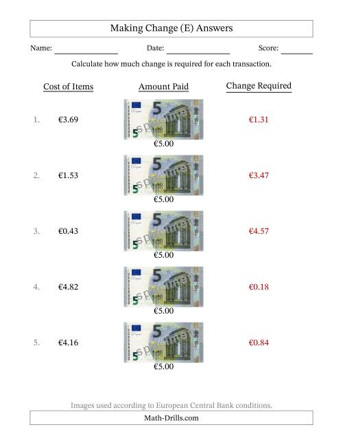 The Making Change from Five Euro Banknotes (E) Math Worksheet Page 2