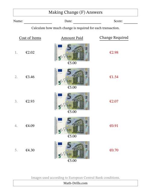 The Making Change from Five Euro Banknotes (F) Math Worksheet Page 2