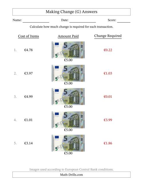 The Making Change from Five Euro Banknotes (G) Math Worksheet Page 2