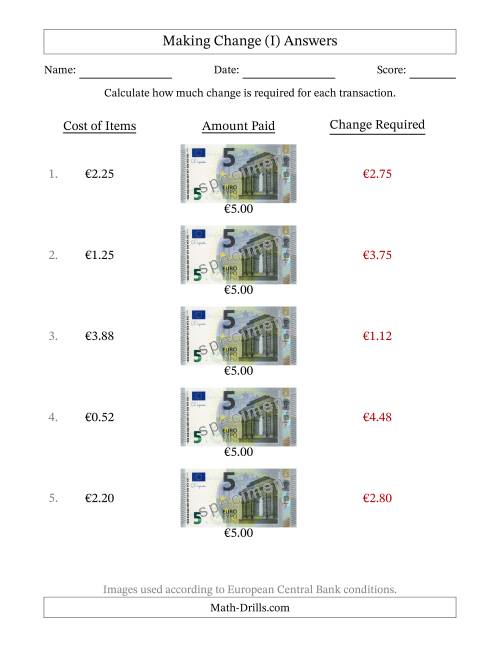 The Making Change from Five Euro Banknotes (I) Math Worksheet Page 2