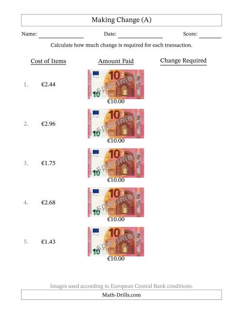 The Making Change from Ten Euro Banknotes (A) Math Worksheet