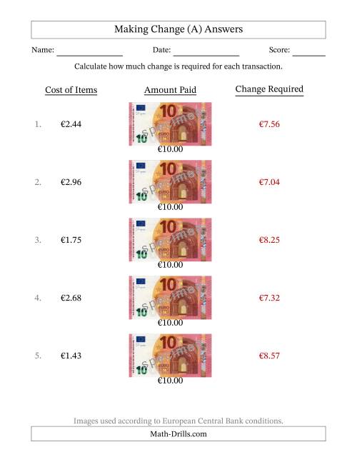 The Making Change from Ten Euro Banknotes (A) Math Worksheet Page 2