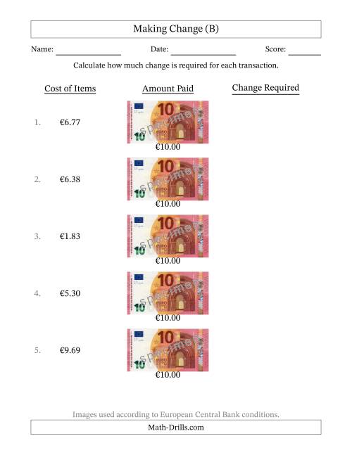 The Making Change from Ten Euro Banknotes (B) Math Worksheet