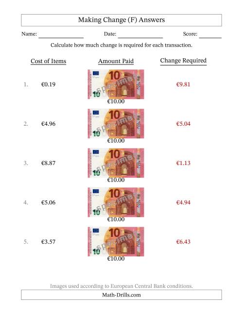 The Making Change from Ten Euro Banknotes (F) Math Worksheet Page 2