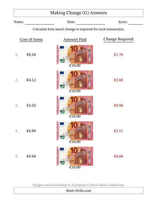 The Making Change from Ten Euro Banknotes (G) Math Worksheet Page 2