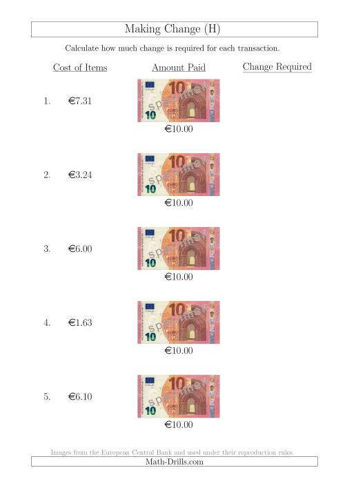 The Making Change from 10 Euro Notes (H) Math Worksheet