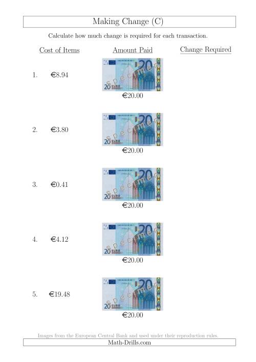 The Making Change from 20 Euro Notes (C) Math Worksheet