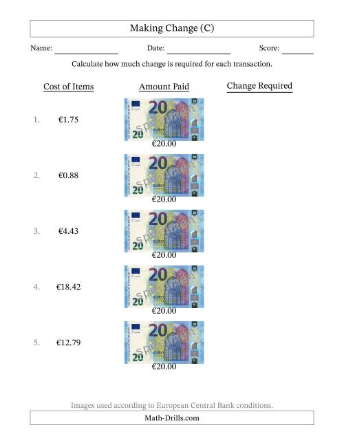 The Making Change from Twenty Euro Banknotes (C) Math Worksheet