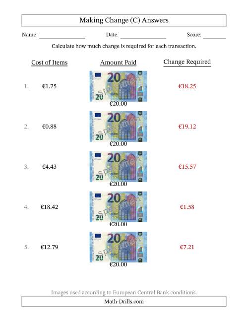 The Making Change from Twenty Euro Banknotes (C) Math Worksheet Page 2